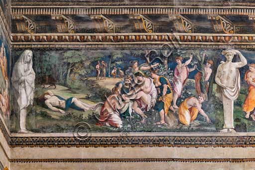 Rome, Villa Farnesina, The Hall of Perspectives: the ample frieze with mythological scenes inspired by the Ovid  Metamorphoses.  Detail with Venus and  Adonis. She is removing a thorn from her foot while Adonis is lying dead, killed by a wild boar. Frescoes by Baldassarre Peruzzi (1517-8).