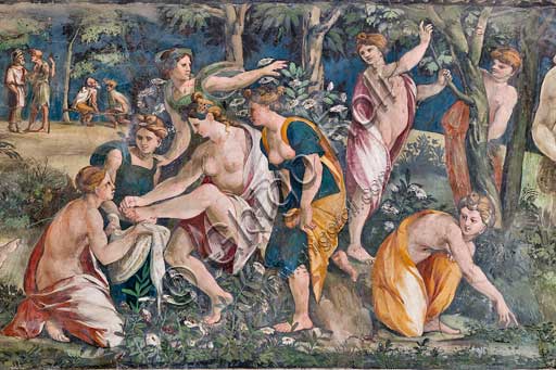 Rome, Villa Farnesina, The Hall of Perspectives: the ample frieze with mythological scenes inspired by the Ovid  Metamorphoses.  Detail with Venus and  Adonis. She is removing a thorn from her foot while Adonis is lying dead, killed by a wild boar. Frescoes by Baldassarre Peruzzi (1517-8).