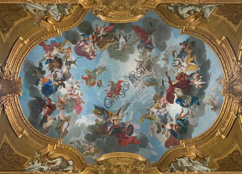 Torino, Palazzo Reale,Armeria Reale, Galleria del Beaumont, la volta, affreschi sulle storie dell'Eneide: "Venere prega Giove di salvare i Troiani". Affresco di Claudio Francesco Beaumont, 1737 - 42.