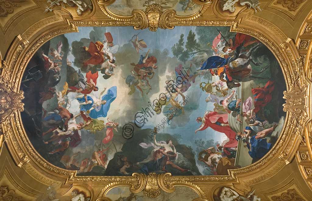 Torino, Palazzo Reale,Armeria Reale, Galleria del Beaumont, la volta, affreschi sulle storie dell'Eneide: "Venere prega Giove di salvare i Troiani". Affresco di Claudio Francesco Beaumont, 1737 - 42.