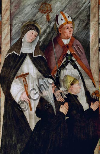   Vercelli, Church of St. Christopher, Chapel of the blessed Virgin or of the Assunta: St. Catherine of Siena, St. Nicholas of Bari and two bidders on their knees (they are probably the purchasers and they belong to the Corradi di Lignana family). Fresco by Gaudenzio Ferrari, 1529 - 1534.