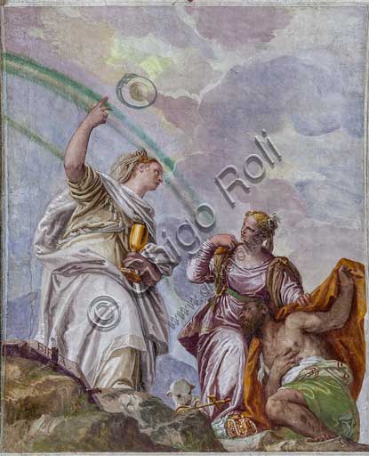  Maser, Villa Barbaro, The Room of the Oil Lamp, ceiling : God is among the clouds. Faith, who is holding a chalice and has a Bible at her feet, shows the road to Eternity to Charity. Charity is leading the Sinner and treading precious necklaces. Frescoes by Paolo Caliari, known as "il Veronese", 1560 - 1561.