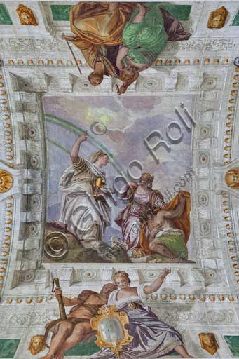 Maser, Villa Barbaro, Stanza della Lucerna, soffitto, affresco che rappresenta il seguente soggetto: sotto lo sguardo di Dio Padre che spunta tra le nubi, la Fede col calice in mano e una Bibbia aperta ai piedi indica la via verso l'Eternità alla Carità che conduce il Peccatore mentre con un piede calpesta, disprezzandole, collane preziose. Affreschi di Paolo Caliari ("Il Veronese"), 1560 - 1561.