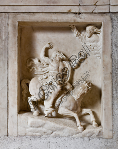 Genova, Duomo (Cattedrale di S. Lorenzo),  interno, cappella Cybo (braccio settentrionale del transetto), Monumento Funebre dell'Arcivescovo Giuliano Cybo: formelle con scene bibliche ("La conversione di Saulo"), di Giangiacomo e Guglielmo Della Porta, e di Niccolò Da Corte (1533 - 1537).