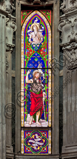 , Genoa, Duomo (St. Lawrence Cathedral), inside, presbitery: "stained-glass window representing St. John the Baptist".