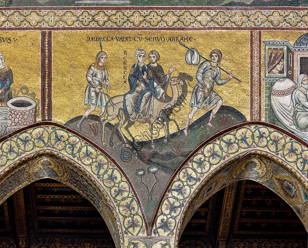 Monreale, Duomo: "Il viaggio di Rebecca". Vecchio Testamento, Ciclo di Abramo. , mosaico bizantino, Ciclo del Vecchio Testamento - Abramo, XII - XIII sec.Iscrizione latina: "REBECCA VADIT CUM SERVO ABRAMÆ". 