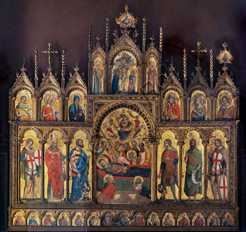 Vicenza, Duomo (Cattedrale di Santa Maria Annunciata): “Dormitio Virginis, Crocifissione, apostoli, evangelisti e santi”,  polittico di Lorenzo Veneziano, 1366.