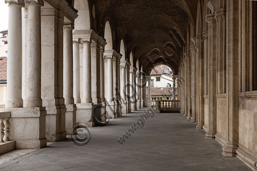 Vicenza: view of the loggia at the first floor of the Northern side of  the Palladian Basilica which overlooks Delle Erbe Square.