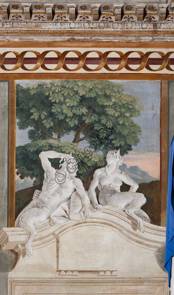 Vicenza, Villa Valmarana ai Nani, Foresteria, Stanza delle Scene Campestri: affresco monocromo con satiro e menade, di Giandomenico Tiepolo, 1757.