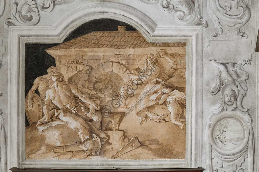 Vicenza, Villa Valmarana ai Nani, Palazzina, la terza stanza o stanza dell' Eneide: riquadro monocromo che rappresenta Vulcano, dio del fuoco, che nella sua fucina sovrintende al lavoro dei fabbri che stanno forgiando le armi per Enea alla presenza di Venere. Affreschi di Giandomenico  Tiepolo, 1756 - 1757. 