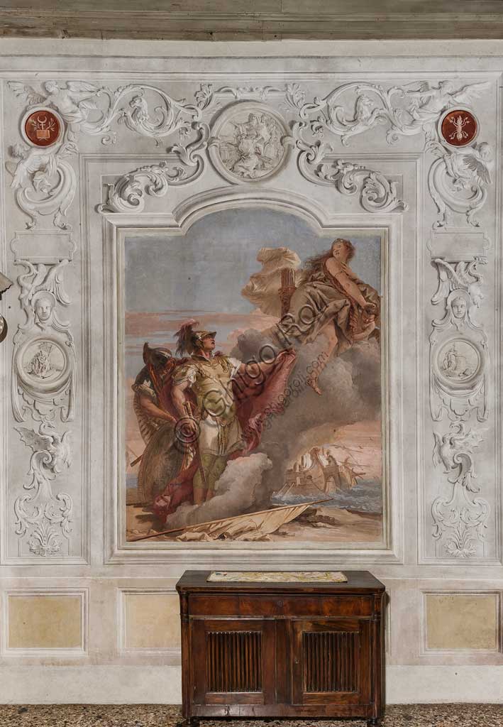 Vicenza, Villa Valmarana ai Nani, Palazzina (Small Building), the third room or room of the Aeneid:  "Venus, as a huntress, appears to her son Aeneas and his companion Achates on the beach of Libya, ordering them to go to Dido". Frescoes by Giambattista Tiepolo, 1756 - 1757.