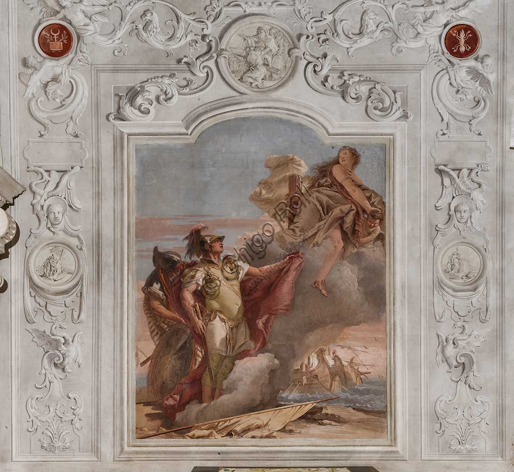 Vicenza, Villa Valmarana ai Nani, Palazzina (Small Building), the third room or room of the Aeneid:  "Venus, as a huntress, appears to her son Aeneas and his companion Achates on the beach of Libya, ordering them to go to Dido". Frescoes by Giambattista Tiepolo, 1756 - 1757.