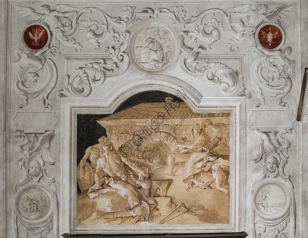 Vicenza, Villa Valmarana ai Nani, Palazzina, la terza stanza o stanza dell' Eneide: riquadro monocromo che rappresenta Vulcano, dio del fuoco, che nella sua fucina sovrintende al lavoro dei fabbri che stanno forgiando le armi per Enea alla presenza di Venere. Affreschi di Giandomenico  Tiepolo, 1756 - 1757. 