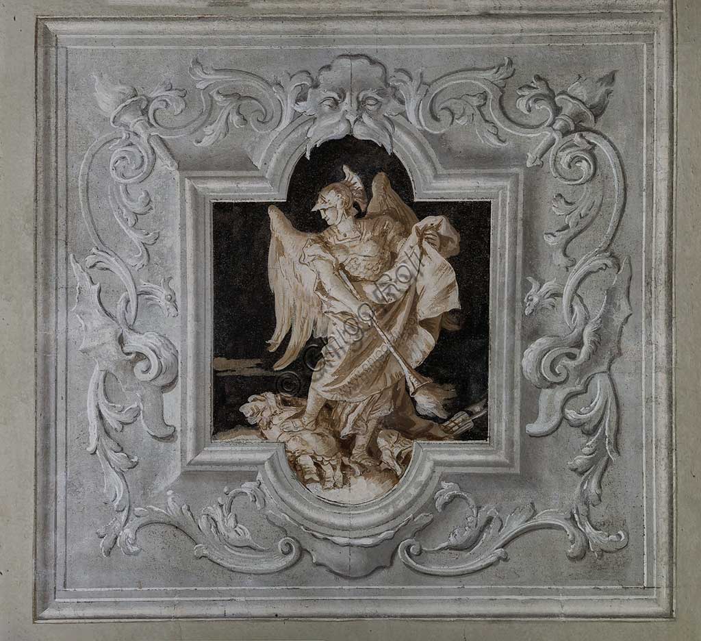 Vicenza, Villa Valmarana ai Nani, Palazzina (Small Building), the third room or room of the Aeneid: monochrome fresco representing Mercury. Frescoes by Giandomenico  Tiepolo, 1756 - 1757.