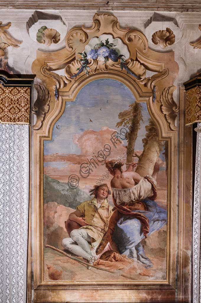 Vicenza, Villa Valmarana ai Nani, Palazzina: seconda stanza o stanza dell'Ariosto con episodi tratti dall'Orlando Furioso: "Angelica e Medoro incidono i loro nomi sulla corteccia delle piante".  Affreschi di Giambattista Tiepolo, 1756 - 1757.