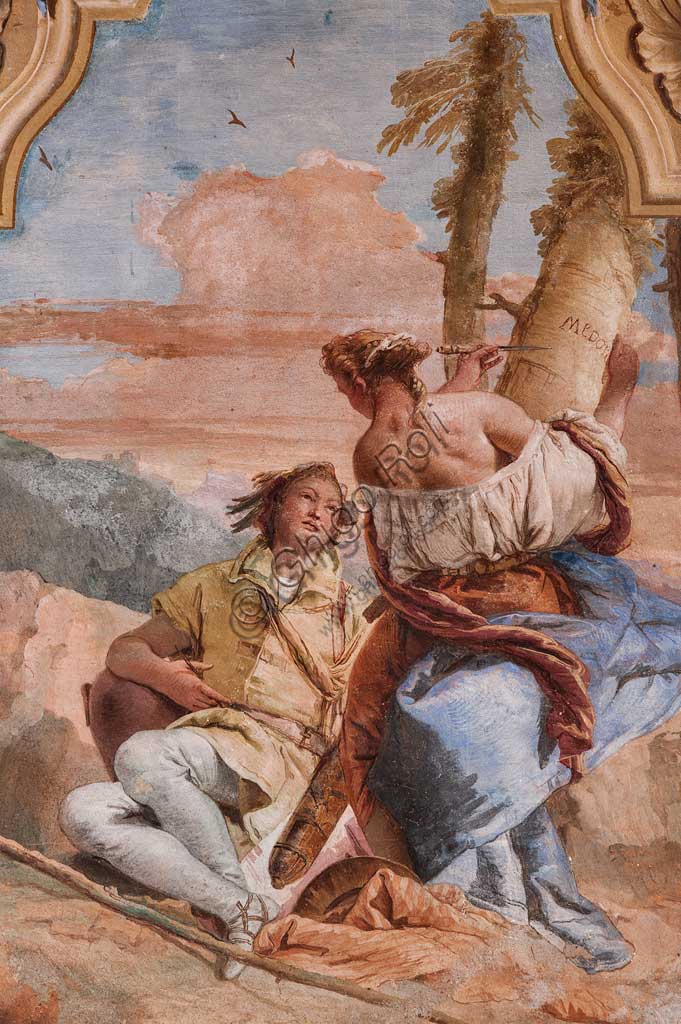 Vicenza, Villa Valmarana ai Nani, Palazzina: seconda stanza o stanza dell'Ariosto con episodi tratti dall'Orlando Furioso: "Angelica e Medoro incidono i loro nomi sulla corteccia delle piante".  Affreschi di Giambattista Tiepolo, 1756 - 1757.