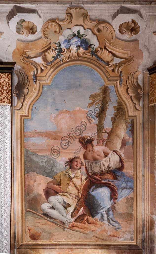 Vicenza, Villa Valmarana ai Nani, Palazzina (Small Building): second room or room of Ariosto with frescoes representing episodes from "Orlando Furioso": "Angelica and Medoro engrave their names on the bark of the plants".  Frescoes by Giambattista Tiepolo, 1756 - 1757.