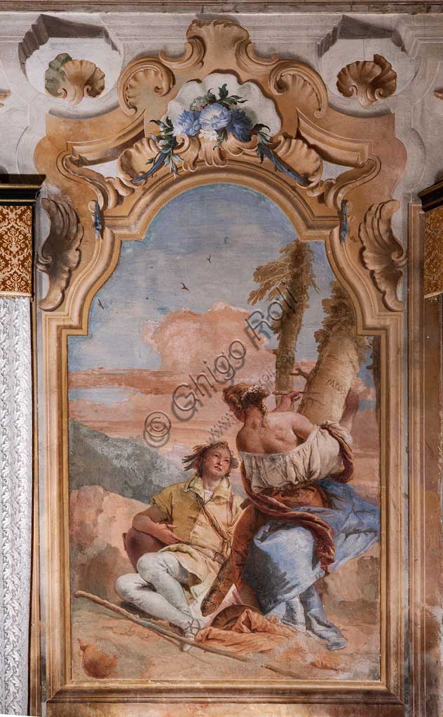 Vicenza, Villa Valmarana ai Nani, Palazzina: seconda stanza o stanza dell'Ariosto con episodi tratti dall'Orlando Furioso: "Angelica e Medoro incidono i loro nomi sulla corteccia delle piante".  Affreschi di Giambattista Tiepolo, 1756 - 1757.