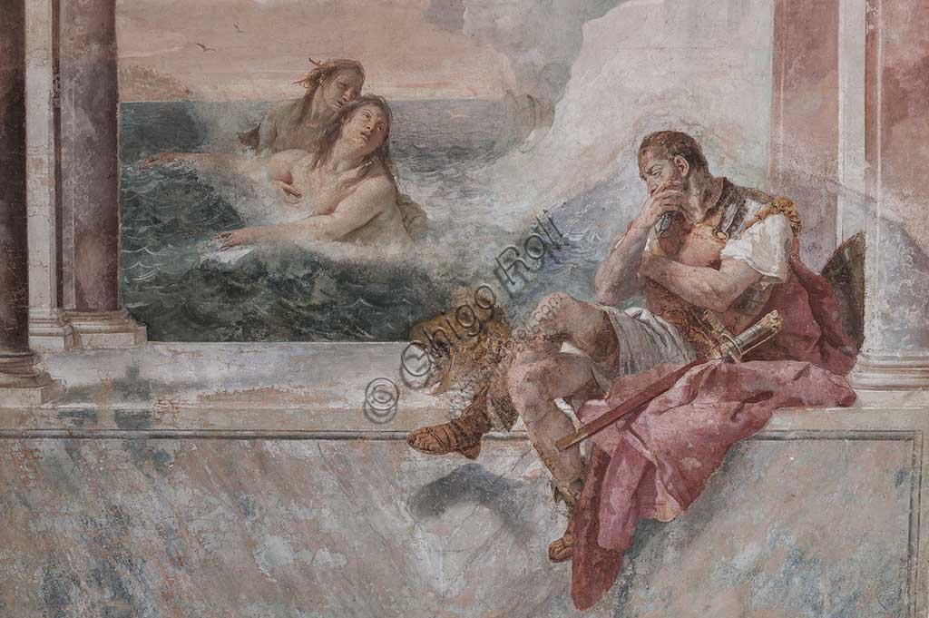 Vicenza, Villa Valmarana ai Nani, Palazzina (Small Building): view of the first room and its frescoes representing episodes from  the Iliad: "Achilles in tears while his mother Thetis emerges from the sea to console him".  Frescoes by Giambattista Tiepolo, 1756 - 1757.  Detail.