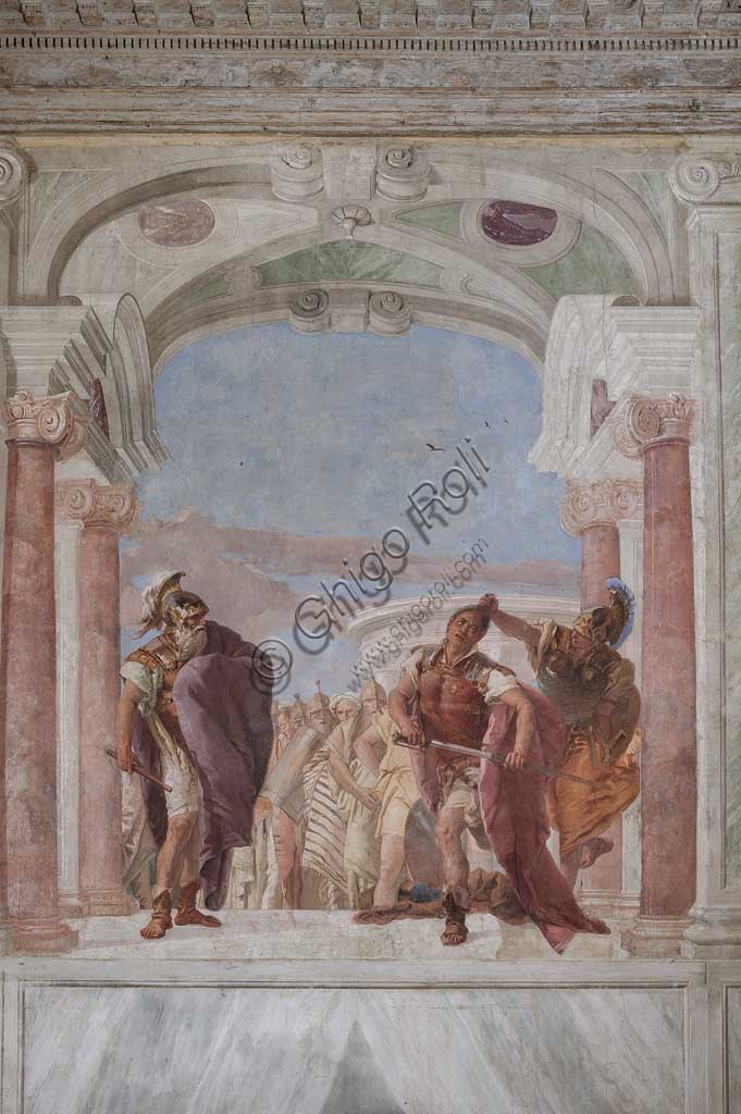 Vicenza, Villa Valmarana ai Nani, Palazzina (Small Building): view of the first room and its frescoes representing episodes from  the Iliad: "Athena prevents Achilles from drawing his sword against Agamemnon".  Frescoes by Giambattista Tiepolo, 1756 - 1757.