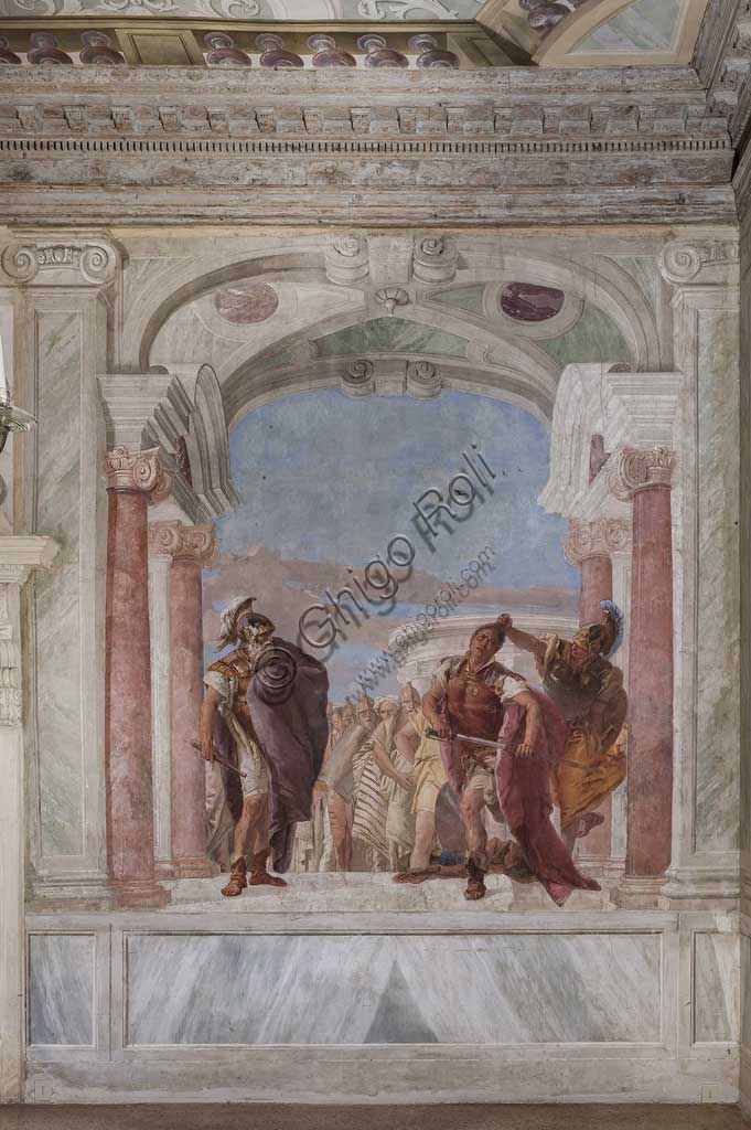 Vicenza, Villa Valmarana ai Nani, Palazzina (Small Building): view of the first room and its frescoes representing episodes from  the Iliad: "Athena prevents Achilles from drawing his sword against Agamemnon".  Frescoes by Giambattista Tiepolo, 1756 - 1757.