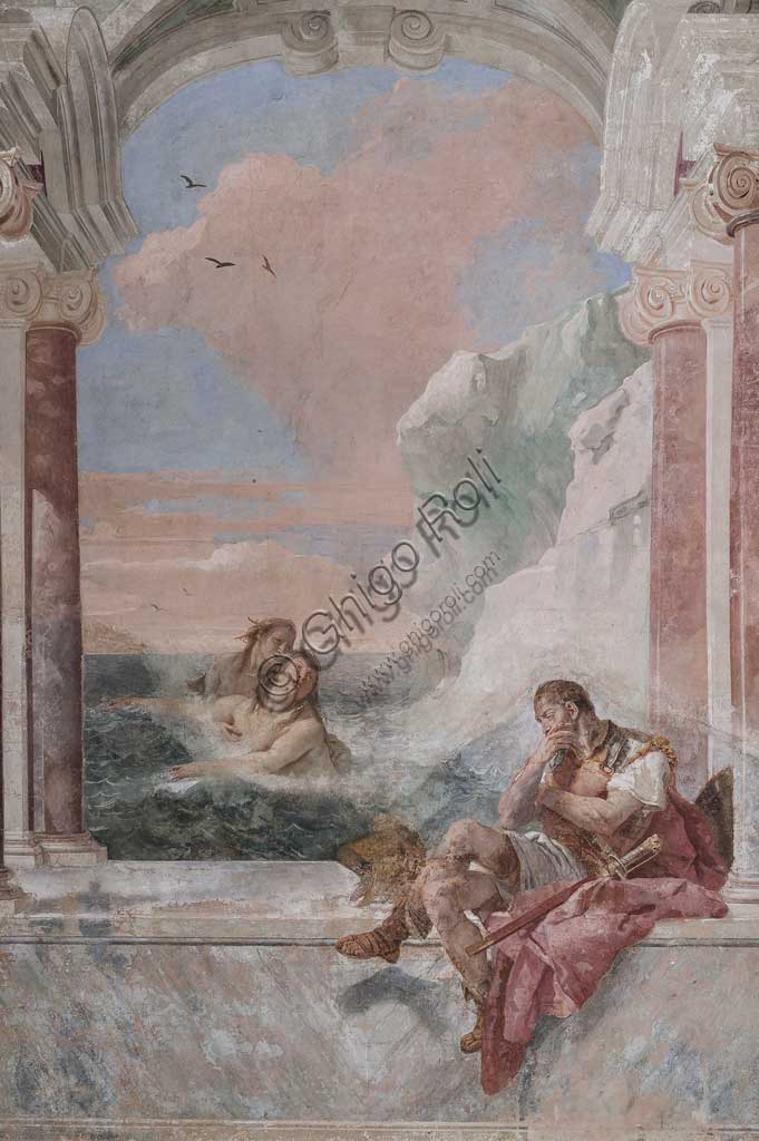 Vicenza, Villa Valmarana ai Nani, Palazzina (Small Building): view of the first room and its frescoes representing episodes from  the Iliad: "Achilles in tears while his mother Thetis emerges from the sea to console him".  Frescoes by Giambattista Tiepolo, 1756 - 1757.