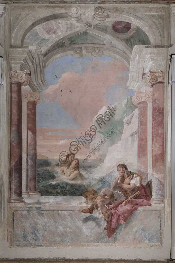 Vicenza, Villa Valmarana ai Nani, Palazzina (Small Building): view of the first room and its frescoes representing episodes from  the Iliad: "Achilles in tears while his mother Thetis emerges from the sea to console him".  Frescoes by Giambattista Tiepolo, 1756 - 1757.