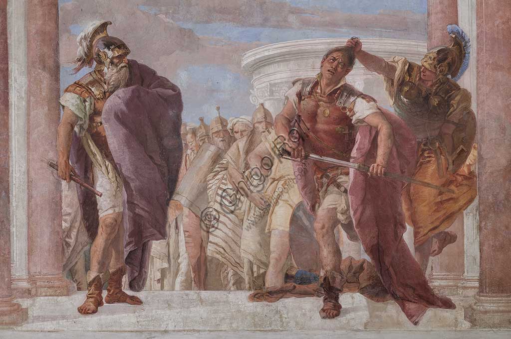 Vicenza, Villa Valmarana ai Nani, Palazzina (Small Building): view of the first room and its frescoes representing episodes from  the Iliad: "Athena prevents Achilles from drawing his sword against Agamemnon".  Frescoes by Giambattista Tiepolo, 1756 - 1757. Detail.