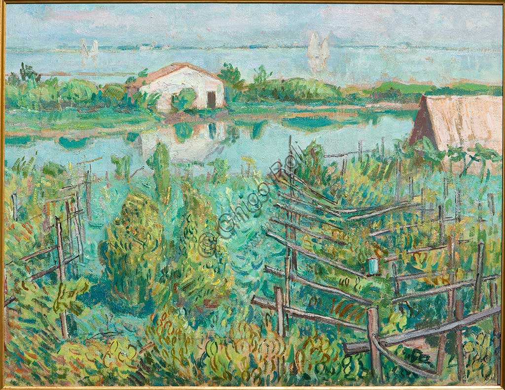 Collezione Assicoop - Unipol: Mario Vellani Marchi (1895-1979), "Vigneto d'Autunno - Torcello 1938". Olio su tela, cm. 53x68.
