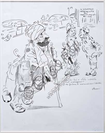 Assicoop - Unipol Collection:Remo Zanerini, "Unipol Cartoon". Pencil Drawing, cm 48 X 38.