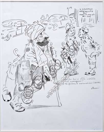 Collezione Assicoop Unipol: Remo Zanerini, "Vignetta Unipol". Disegno a matita, cm 48 x 38.