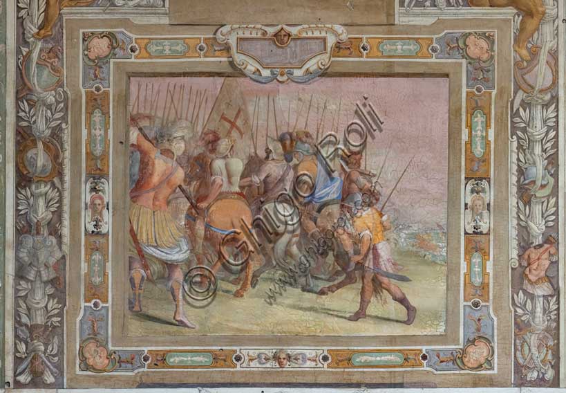 Villa medicea La Petraia, cortile: “Scena di battaglia”, uno dei riquadri dal ciclo delle “Gesta di Goffredo di Buglione alla presa di Gerusalemme”; affreschi di Cosimo Daddi, 1589-94 circa.