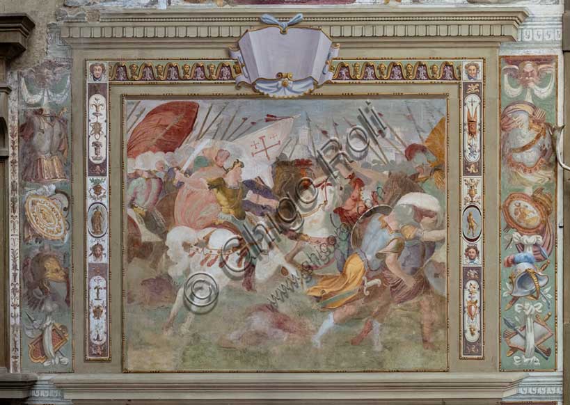 Villa medicea La Petraia, cortile: “Scena di battaglia”, uno dei riquadri dal ciclo delle “Gesta di Goffredo di Buglione alla presa di Gerusalemme”; affreschi di Cosimo Daddi, 1589-94 circa.