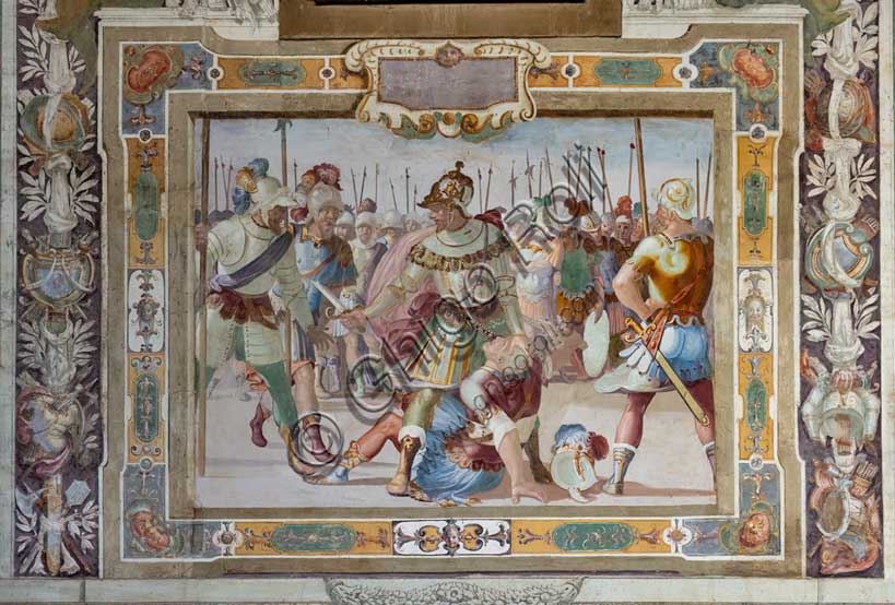Villa medicea La Petraia, cortile: “Scena di battaglia”, uno dei riquadri dal ciclo delle “Gesta di Goffredo di Buglione alla presa di Gerusalemme”; affreschi di Cosimo Daddi, 1589-94 circa.