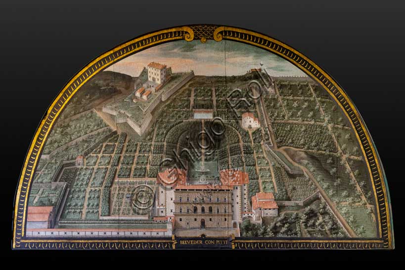 Villa medicea La Petraia: “Palazzo Pitti, Giardino di Buboli e Forte Belvedere” a Firenze, nella lunetta denominata “Belveder con Pitti”,  una delle quattordici lunette di Giusto Utens, nome italianizzato di Iustus van Utens, 1599-1602. Le lunette presentano  idilliache vedute aeree di precisione calligrafica, molto decorative e preziose testimonianze sull'aspetto di questi edifici nel passato. Esse furono dipinte per la villa Medicea di Artimino come "inventario" (diremmo oggi "catasto") dei possedimenti del granduca Ferdinando I de' Medici, e dopo vari spostamenti, sono conservate oggi nella villa la Petraia. In origine erano 17, ma solo 14 ci sono pervenute.