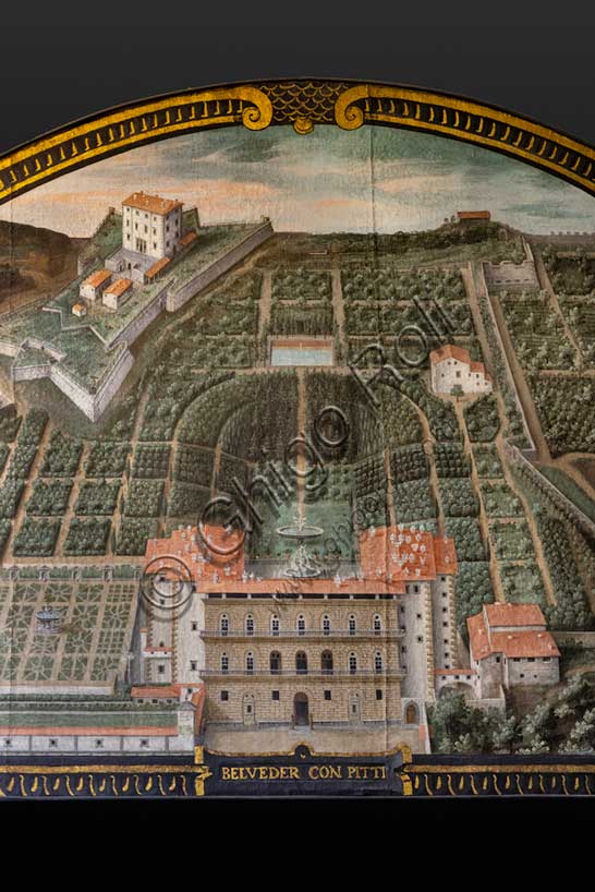 Villa medicea La Petraia: “Palazzo Pitti, Giardino di Buboli e Forte Belvedere” a Firenze, nella lunetta denominata “Belveder con Pitti”,  una delle quattordici lunette di Giusto Utens, nome italianizzato di Iustus van Utens, 1599-1602. Le lunette presentano  idilliache vedute aeree di precisione calligrafica, molto decorative e preziose testimonianze sull'aspetto di questi edifici nel passato. Esse furono dipinte per la villa Medicea di Artimino come "inventario" (diremmo oggi "catasto") dei possedimenti del granduca Ferdinando I de' Medici, e dopo vari spostamenti, sono conservate oggi nella villa la Petraia. In origine erano 17, ma solo 14 ci sono pervenute.Particolare.