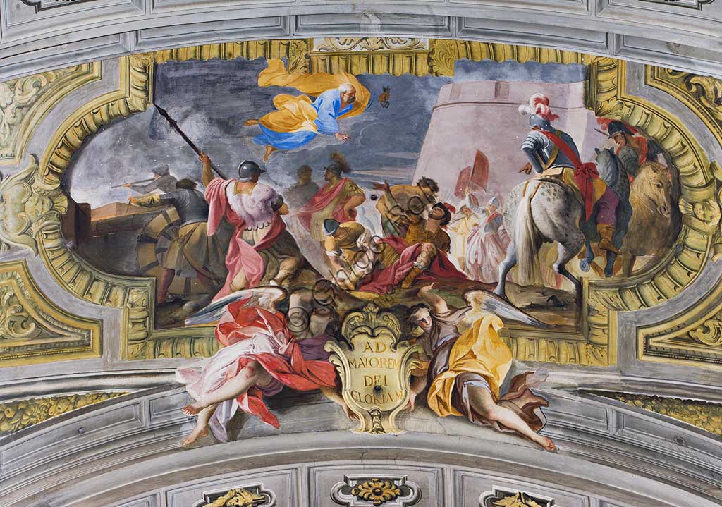 Rome, S. Ignazio Church, interior, the vault of the antechoir: "Vision of St. Ignatius during the battle of Pamplona", fresco by Andrea Pozzo, 1685.
