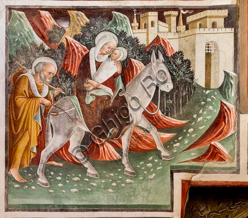 Clusone, Oratorio dei Disciplini o di San Bernardino, interno, affreschi sulla "Vita di Gesù" (1471),  dell'artista clusonese Giacomo Borlone De Buschis: La Fuga in Egitto.