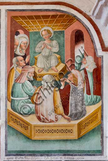 Clusone, Oratorio dei Disciplini o di San Bernardino, interno, affreschi sulla "Vita di Gesù" (1471),  dell'artista clusonese Giacomo Borlone De Buschis: Cristo tra i dottori.