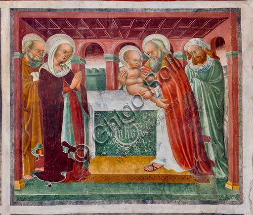 Oratorio dei Disciplini o di San Bernardino, interno: affresco del 1471 del ciclo "Vita di Ges?", dell'artista clusonese Giacomo Borlone de Buschis.La Presentazione di Gesù al Tempio.