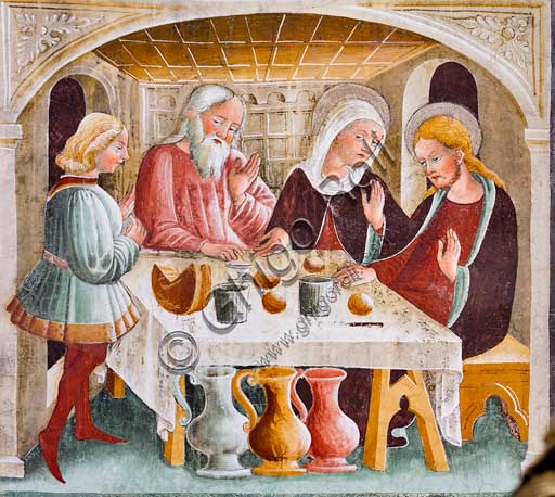 Clusone, Oratorio dei Disciplini o di San Bernardino, interno, affreschi sulla "Vita di Gesù" (1471),  dell'artista clusonese Giacomo Borlone De Buschis: Le nozze di Cana.