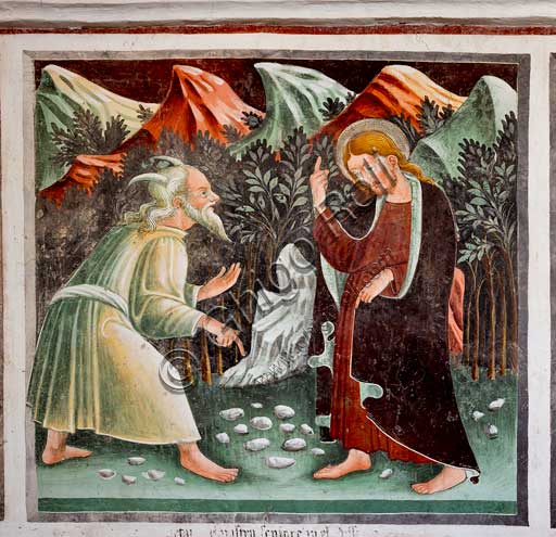 Clusone, Oratorio dei Disciplini o di San Bernardino, interno, affreschi sulla "Vita di Gesù" (1471),  dell'artista clusonese Giacomo Borlone De Buschis: Le tentazioni di Gesù.
