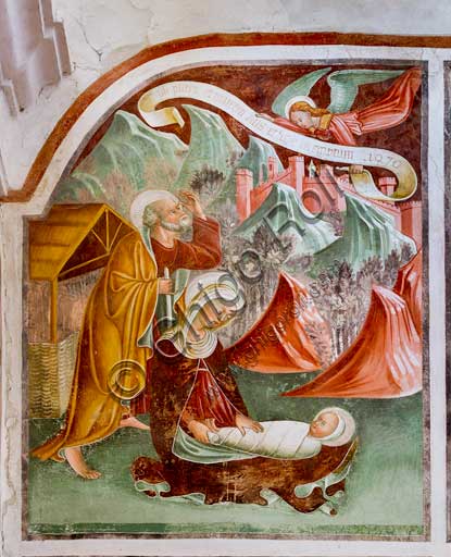 Clusone, Oratorio dei Disciplini o di San Bernardino, interno, affreschi sulla "Vita di Gesù" (1471),  dell'artista clusonese Giacomo Borlone De Buschis: La Natività.