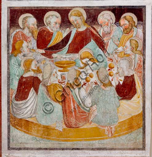 Clusone, Oratorio dei Disciplini o di San Bernardino, interno, affreschi sulla "Vita di Gesù" (1471),  dell'artista clusonese Giacomo Borlone De Buschis: L'ultima Cena.