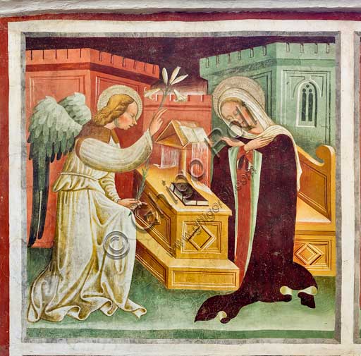 Clusone, Oratorio dei Disciplini o di San Bernardino, interno, affreschi sulla "Vita di Gesù" (1471),  dell'artista clusonese Giacomo Borlone De Buschis: L'annunciazione.