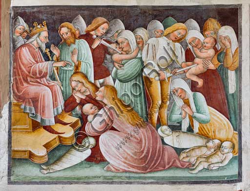 Clusone, Oratorio dei Disciplini o di San Bernardino, interno, affreschi sulla "Vita di Gesù" (1471),  dell'artista clusonese Giacomo Borlone De Buschis: Erode e la Strage degli Innocenti.