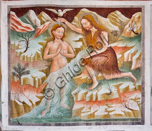  Clusone, Oratory of Disciplini or St. Bernardino, interior, frescoes representing the life of Jesus (1471), by Giacomo Borlone De Buschis: St. John the Baptist baptizes Jesus in the Jordan river. The Holy Spirit descend as a dove.