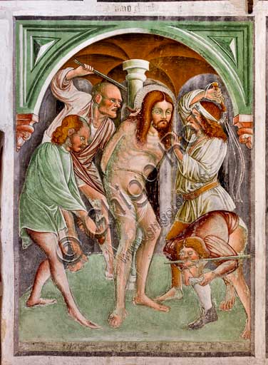 Clusone, Oratorio dei Disciplini o di San Bernardino, interno, affreschi sulla "Vita di Gesù" (1471),  dell'artista clusonese Giacomo Borlone De Buschis: La flagellazione.