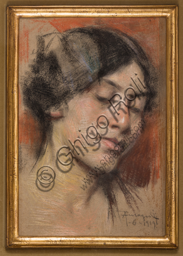 Assicoop - Unipol Collection: Arnaldo Ferraguti (Ferrara 1862 - 1925), "Face of a Yong Girl", pastel on cardboard.