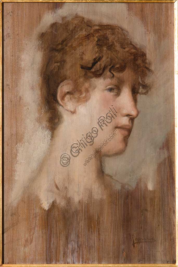 Assicoop - Unipol Collection: Vittorio Reggianini (1853-1910), "Girl's Face". Oil panel painting, cm. 42 x 28.